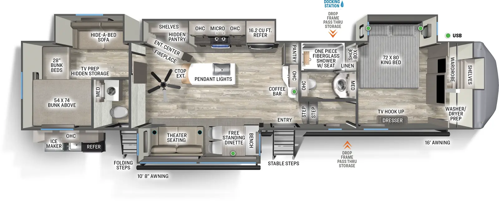 The Sierra Fifth Wheels 3880BH floorplan has two entries and four slide outs. Exterior features include: fiberglass exterior, 8' & 16' awning and outside kitchen. Interiors features include: bunk beds, kitchen island, free-standing dinette option, front bedroom and bathroom and a half.